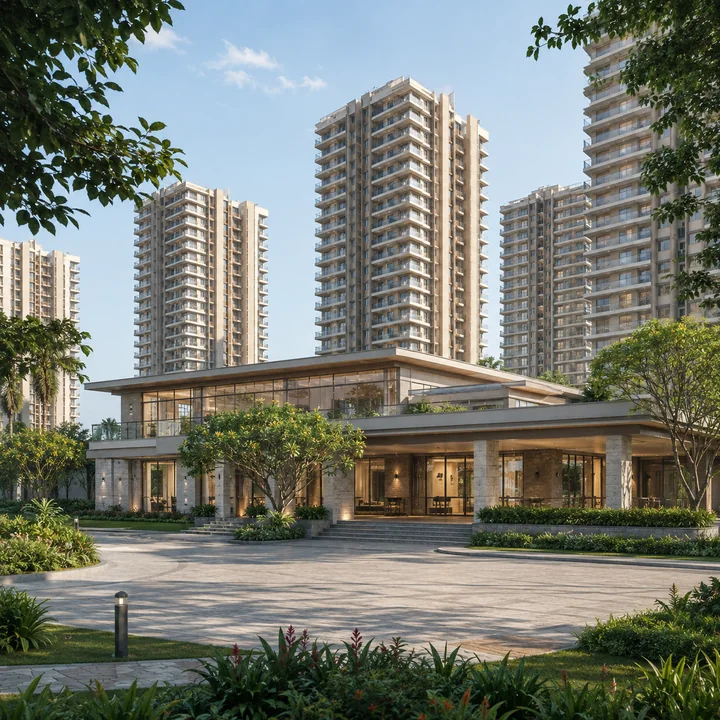 Prestige Park Lane KIADB indicative clubhouse pavilion with shaded verandahs and full-height glazing, set below the residential towers Prestige Park Lane KIADB indicative clubhouse pavilion with shaded verandahs and full-height glazing, set below the residential towers