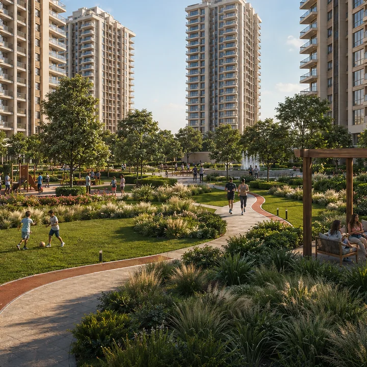 Prestige Park Lane KIADB indicative landscaped garden with a jogging loop, lawn and shaded seating between the tower bases Prestige Park Lane KIADB indicative landscaped garden with a jogging loop, lawn and shaded seating between the tower bases