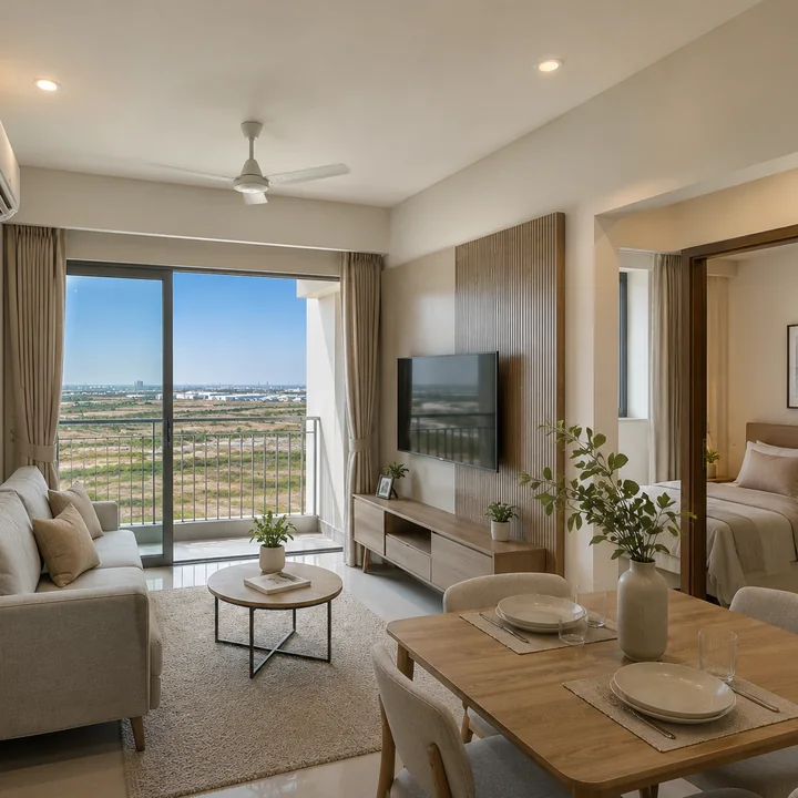 Prestige Park Lane KIADB indicative apartment living and dining interior with a balcony opening to a high-level view over the open Devanahalli landscape Prestige Park Lane KIADB indicative apartment living and dining interior with a balcony opening to a high-level view over the open Devanahalli landscape