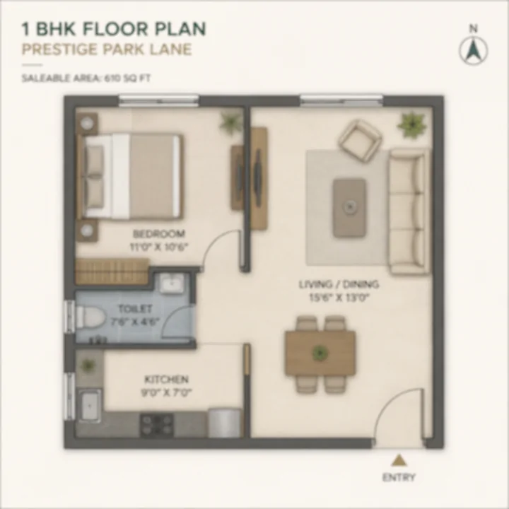Prestige Park Lane KIADB 1 BHK apartment floor plan, indicative saleable area 610 sq ft Prestige Park Lane KIADB 1 BHK apartment floor plan, indicative saleable area 610 sq ft