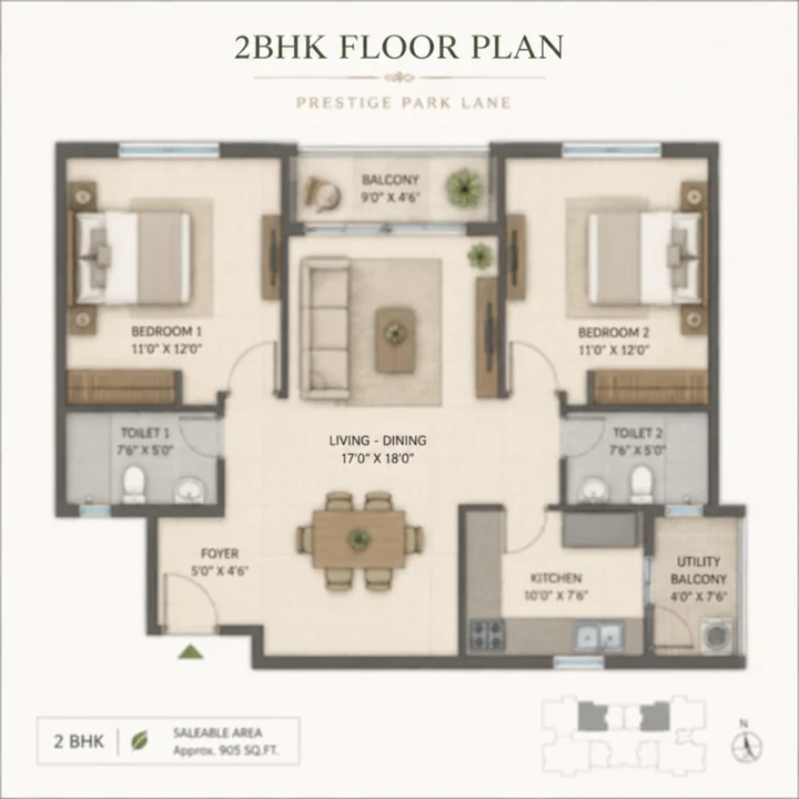 Prestige Park Lane KIADB 2 BHK apartment floor plan, indicative saleable area 905 sq ft Prestige Park Lane KIADB 2 BHK apartment floor plan, indicative saleable area 905 sq ft