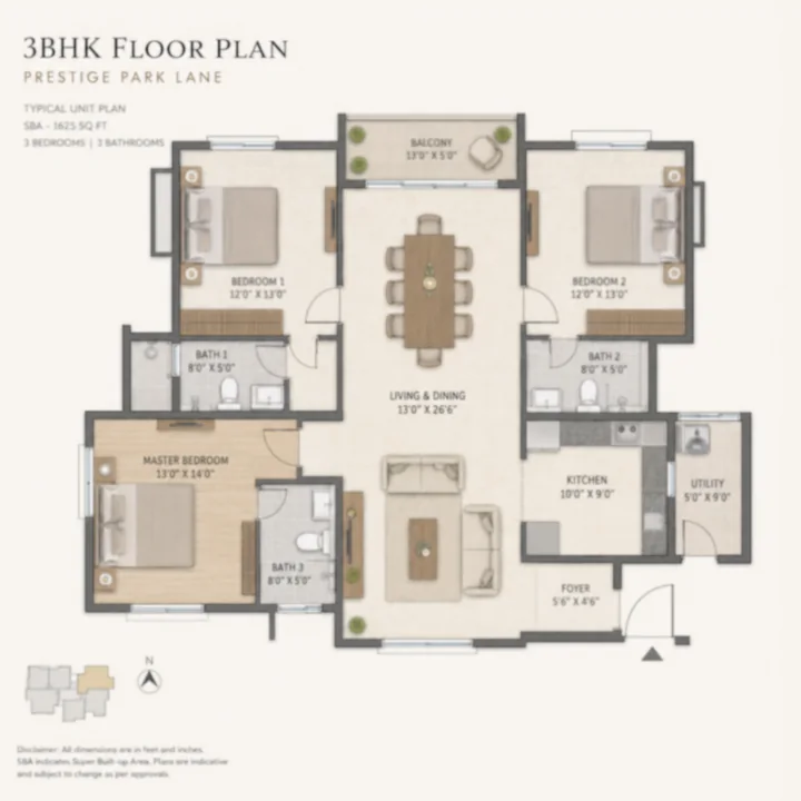 Prestige Park Lane KIADB 3 BHK apartment floor plan, indicative saleable area 1,605 sq ft Prestige Park Lane KIADB 3 BHK apartment floor plan, indicative saleable area 1,605 sq ft