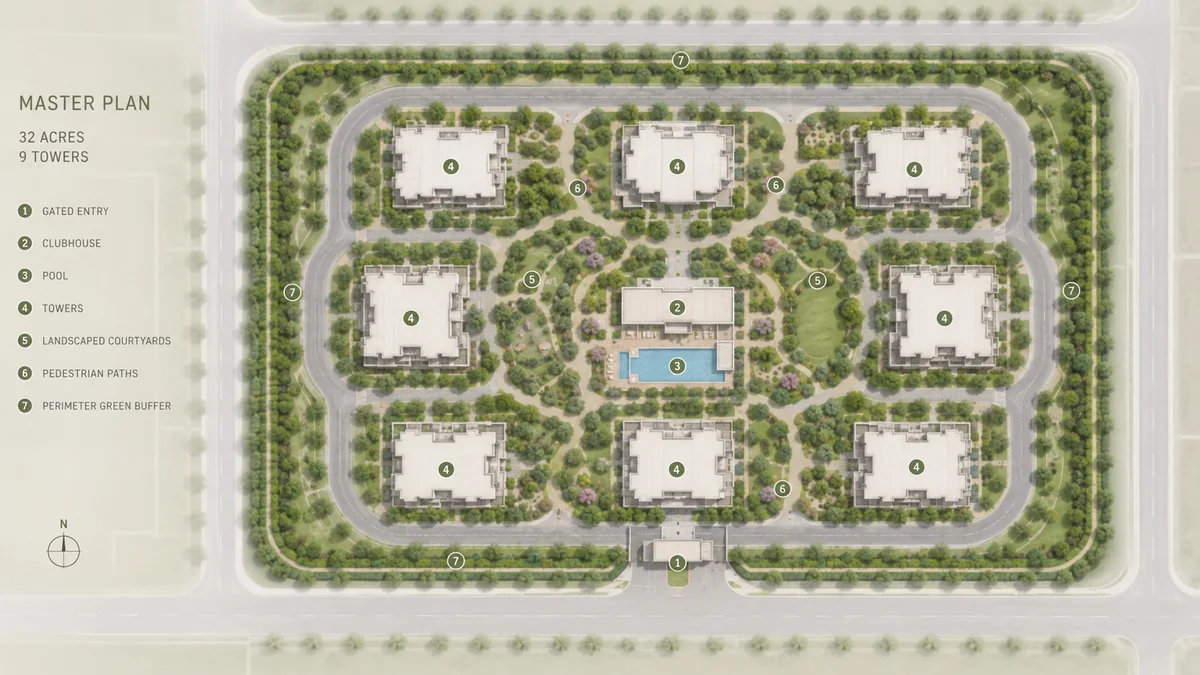 Prestige Park Lane KIADB indicative master plan across 32 acres showing nine residential towers, the central amenity zone, the internal loop road and a single gated entry Prestige Park Lane KIADB indicative master plan across 32 acres showing nine residential towers, the central amenity zone, the internal loop road and a single gated entry